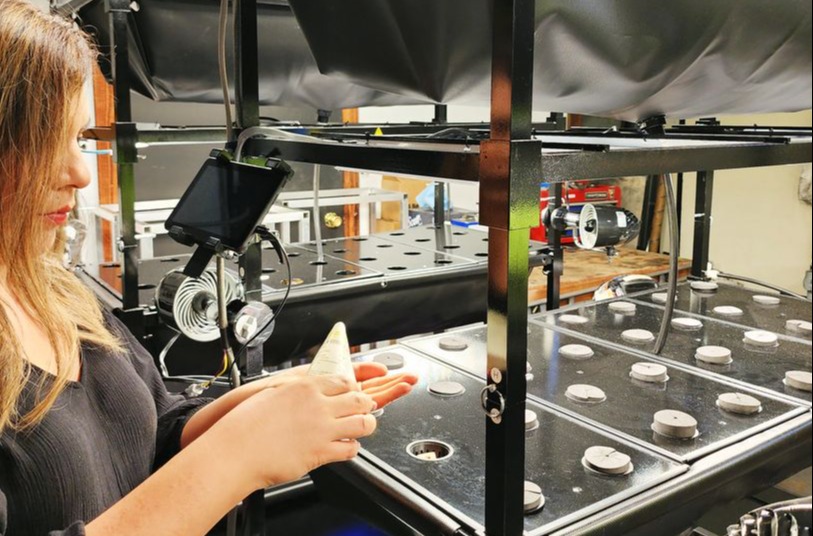 Woman in black shirt plants seeds in Eden Grow Systems tower.